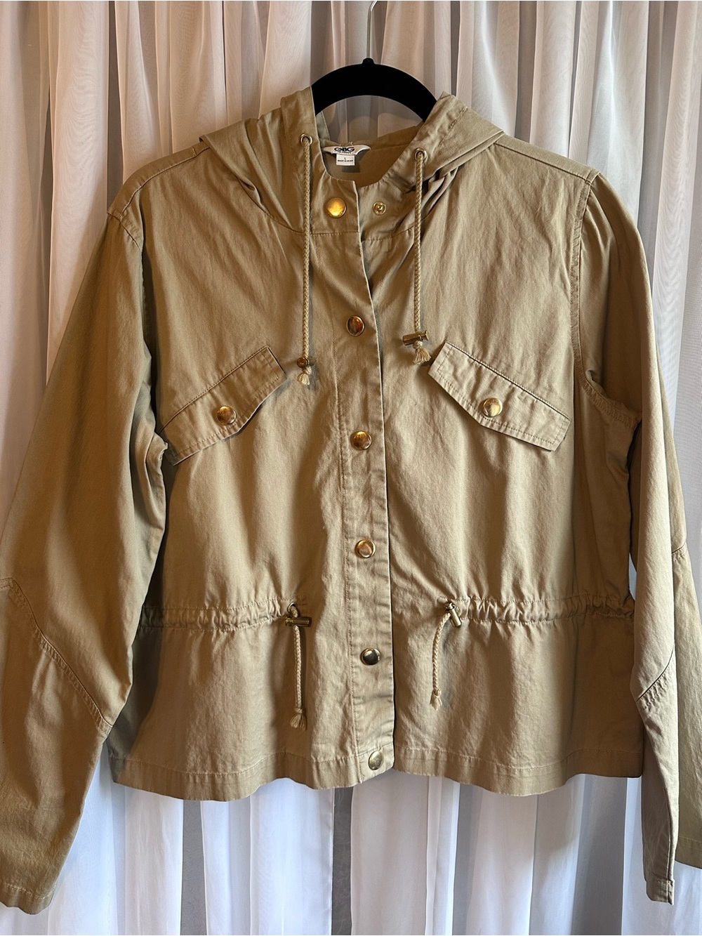 G by Guess Cotton Khaki Hooded Snap Front Utility Jacket Size L